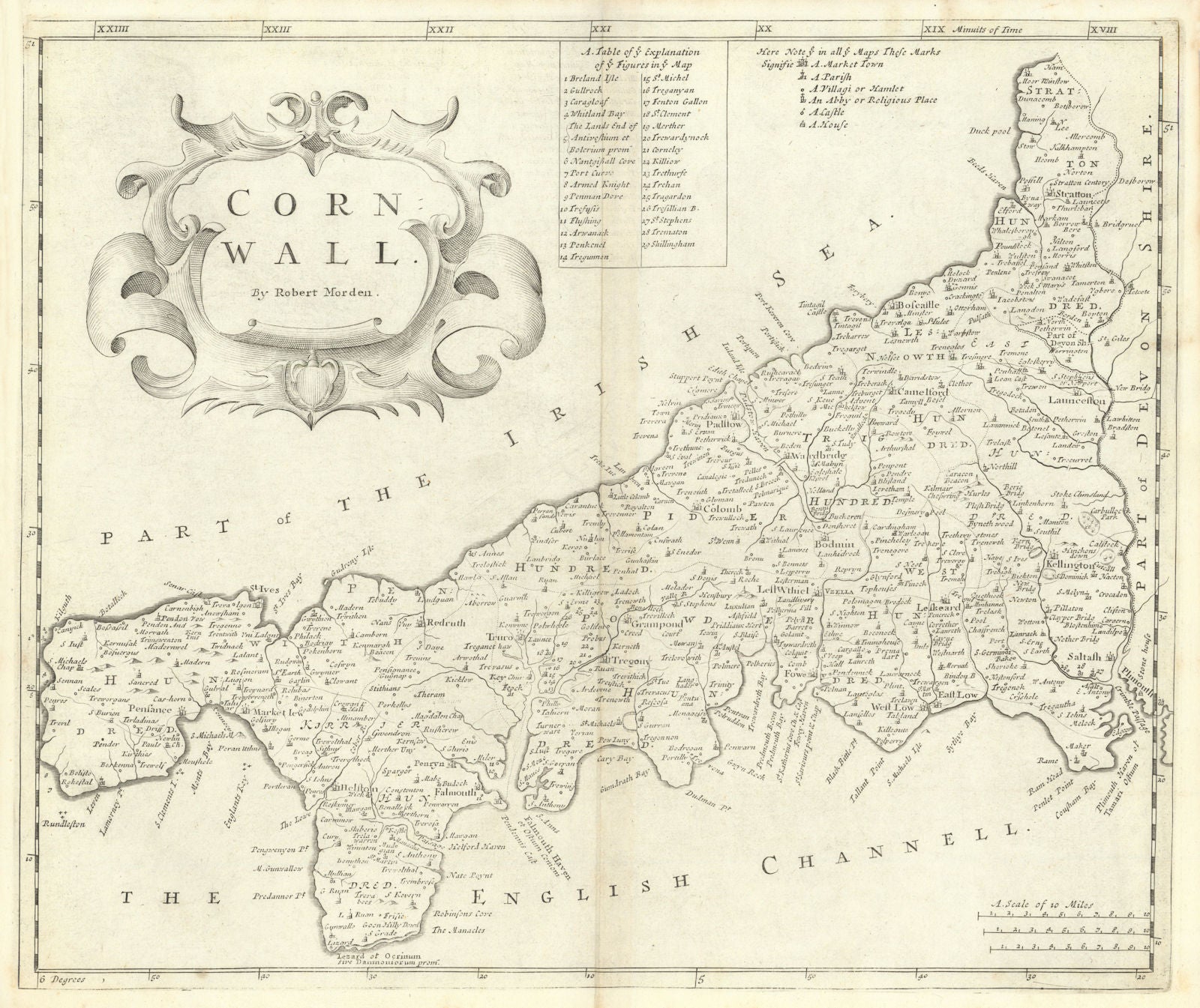 CORNWALL by ROBERT MORDEN from Camden's Britannia 1722 old antique map chart